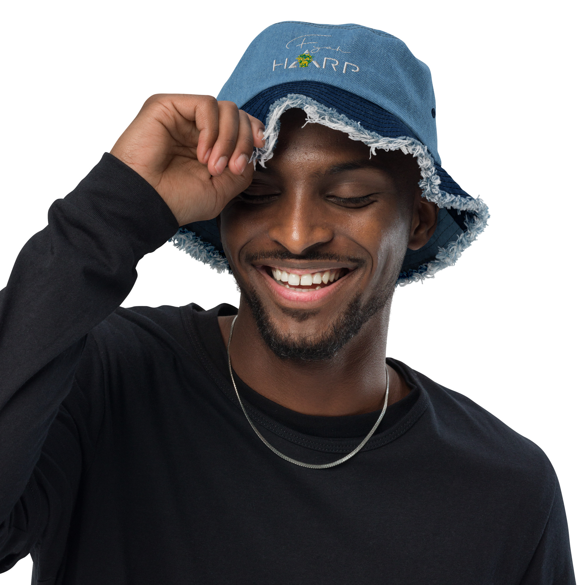 Distressed denim bucket hat /w Fyah Harp logo
