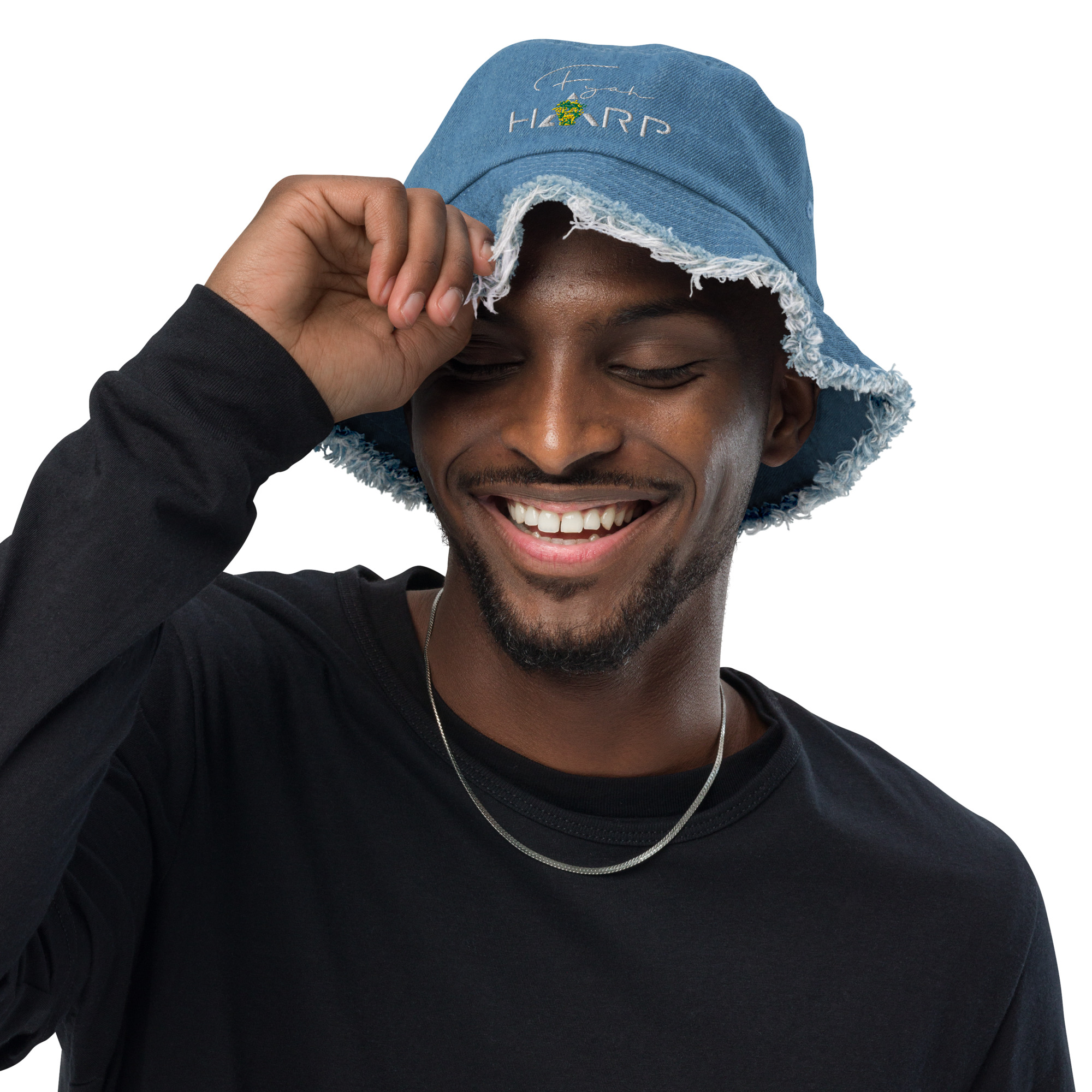 Distressed denim bucket hat /w Fyah Harp logo - Image 2